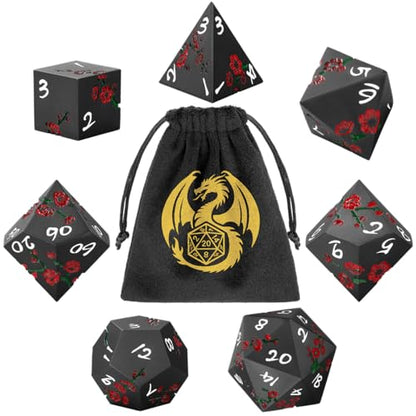 Metal Dice Set, Flat Face Red Plum Blossom Pattern, 7pcs Polyhedral Metal DND Dice Set, DND Starter Set, D&D Gifts with Gift Bag, Role Playing Board Games Accessories, Black - color: Black With Gift Bag