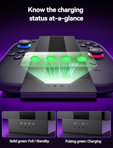 JSAUX EnergyFlow JoyCon Charging Dock for Switch 2, 4-Port | Charge 4 Controllers at Once, Magnetic Docking, RGB Lighting, LED Status Display, 5FT USB C Cable, Space-Saving Setup