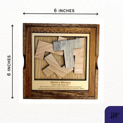 Creative Crafthouse Martin's Menace Large Stewart Coffin Wood Puzzle | Design number 217. Four packing pieces in a 6 inch square that look easy and are not. A tough desk gift, made in USA - style: Martin’s Menace - L