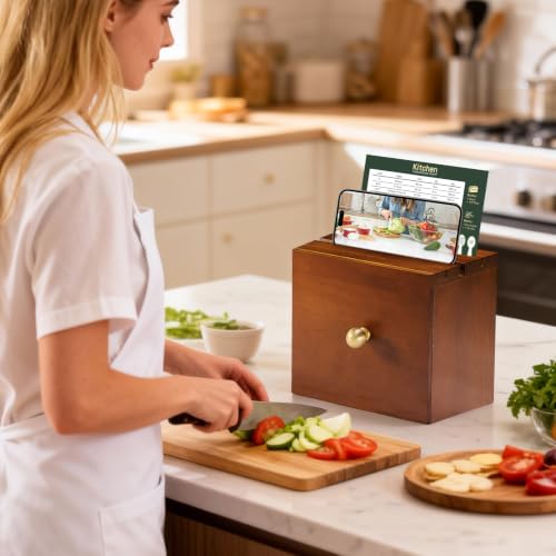 Pine Wood Recipe Box Set, Drawer Style with 100 4x6 Cards | Fits 3x5 and 4x6 cards for cooking, baking and preserving family recipes; a gift for weddings, housewarmings and holidays - color: Reddish Brown