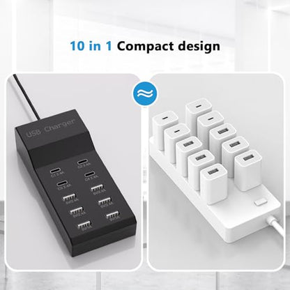 10-Port USB Charging Station, 4 USB-C and 6 USB-A Ports Power Strip, 50W Smart Output, Multi-Device Charging Block