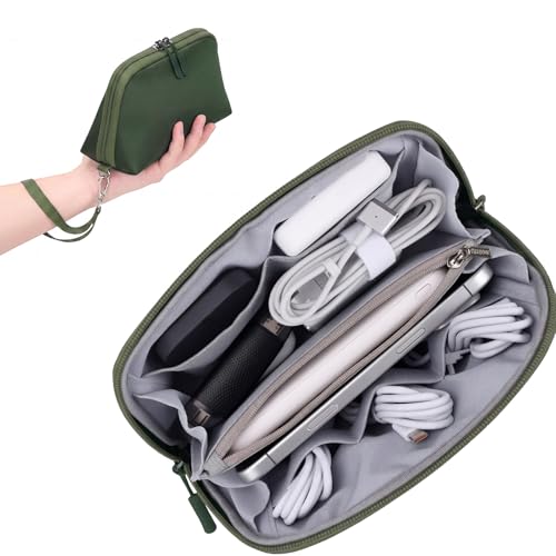 FYY Travel Cable Organizer - 8 Compartments, Lightweight, Water Repellent | With Wrist Strap, Portable Tech Pouch for Cord Charger, Travel and Business Trips Use, Soft Shell Nylon, Green (Small) - color: Green, size: (S) 8.1"× 4.7"× 2.9"
