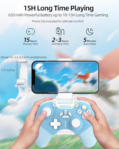 iPhone Controller with Phone Clip, Hall Effect Joystick Wireless Bluetooth Gaming Controller for Android/iPhone/Apple Arcade MFi Games/PC/Switch/Steam with Macro/Lock Joystick Speed/6-Axis/Motor/Turbo - color: Blue