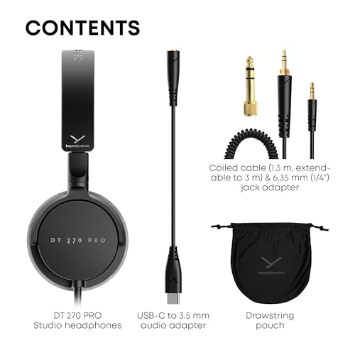 beyerdynamic DT 270 PRO, Wired Headphones, Home Recording, Monitor, Stereo, 3m Cable, Black with Gray Ear Pads
