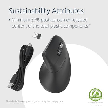 Kensington MY630 EQ Wireless Rechargeable Mouse, Ergonomic Vertical Design, Bluetooth LE, 2.4GHz, Black (K72484NA) | Ergonomic vertical design, Bluetooth LE and 2.4GHz connection, rechargeable battery - size: Full-Size