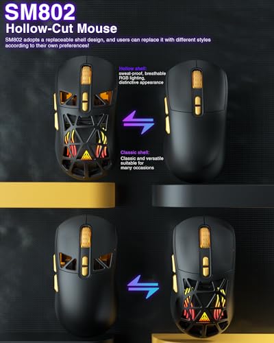 SOLAKAKA SM802 Wireless Gaming Mouse,10000 DPI,Tri-Mode Wired/BT 5.0/2.4GHz Wireless Mouse with Side Button, RGB Programmable Macro Mouse for Laptop (Black) - color: 1-black, size: SM802