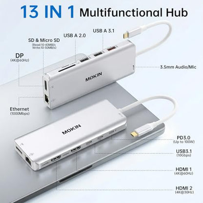 USB C Laptop Docking Station Dual Monitor Dual HDMI 4K DP Triple Display Hub, 13 in 1 MOKiN USB C Hub with 3 Monitors, DisplayPort, USB 3.1, RJ45, 100W PD, Card Reader, Audio/Mic, for Dell HP, Sliver