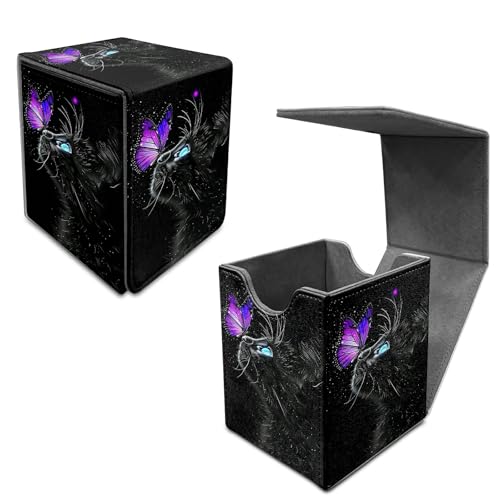 Butterfly Black Cat Deck Box - MTG Commander Case for 100+ Sleeved Trading Cards - PU Leather Magnetic Storage Box for TCG CCG Magic Cards - color: Card Deck Box-576
