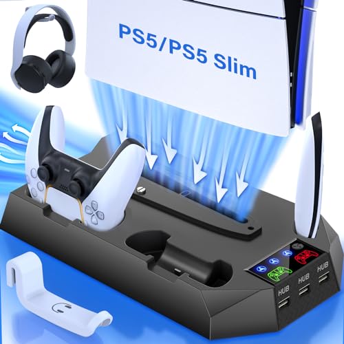 PS5 Slim Cooling Station with Controller Charging Station for PlayStation 5 Console Slim&Standard Disc/Digital, PS5 Cooling Stand Accessories with Cooler Fan/3 USB Hubs/Media&Headset Holder - Black - color: For PS5 Slim+PS5 Black