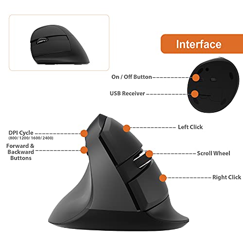 J-Tech Digital Ergonomic Left Hand Mouse with Wireless Connection, AA Battery, 2.4GHz Nano Transceiver, 800, 1200, 1600, 2400 Adjustable DPI; Compatible with Windows and MAC OS [V628ML] - size: Wireless Ergonomic Left Hand Mouse