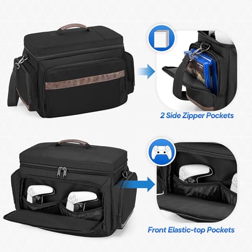 LoDrid Travel Carrying Case Compatible with PS5/PS5 Slim/PS4/PS4 Pro, Black | Protective Gaming Bag with Handle and Shoulder Strap for Console and 15.6" Laptop