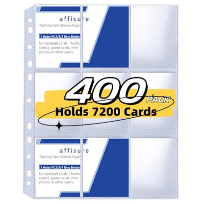 400 Pack 9 Pocket Trading Card Binder Pages, Holds 7200 Cards, Thickened Binder Sleeves, 3 Ring 9 Pocket Sheets for Sports Cards, Coupons Cards - size: 400PACK