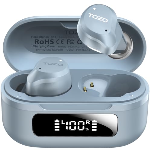 TOZO NC9 Hybrid Active Noise Cancelling Wireless Earbuds, 60H, LED Display | 6 Mic ENC Clear Calls, Deep Bass Sound, IPX8 Waterproof, in Ear Bluetooth 5.3 Headphones,32 EQs via APP, Comfort Fit Ear Buds - color: Light Blue