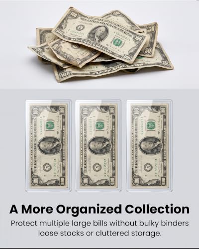 25 Pack Large Currency Toploader, 7 x 3 Money Sleeves Holders | 7.56 x 3.38 In 39PT Rigid PVC Dollar Bill Holders For Large Bills, Paper Currency Notes & Collectible Banknotes, Blue Tint