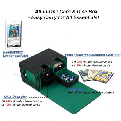 Venssu MTG Deck Box for Commander Display with dice tray,Card Deck Box Fits 160 Double Sleeved /200 Single Sleeved trading Cards, Deck Box TCG with 2 Dividers and 1 magnetic card holder (Black＆Green) | Holds 200 Single/160 Double-Sleeved Cards, Fit MTG/PT