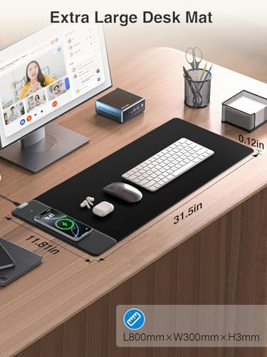 Magnetic Wireless Charging Mouse Pad, 31.5"x11.8" Large Desk Mat | Waterproof Mousepad, Smooth Glide, Stitched Edge, Non-Slip Rubber Base, Desk Pad Computer Keyboard Mat, No Adapter - color: Black-31.5"x11.8"-Mag
