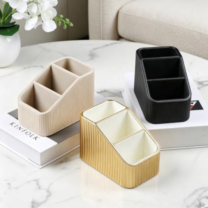 Remote Control Holder, PU Leather Nightstand Organizer Bedside Caddy with 3 Compartments, Small Desk Organizer for Remote/Pen/Glasses/Phone (Gold) - color: Gold