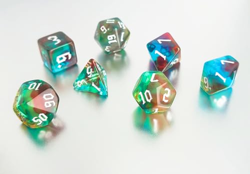 DND 주사위 7개 세트 클리어 그린 혼합 색상 (오로라) | D&D, CoC, RPG, 던전 앤 드래곤, MTG, 롤플레잉 게임 액세서리 - D20 시스템 게임용 아크릴 다면체 주사위 세트 - color: 블루 & 그린 오로라