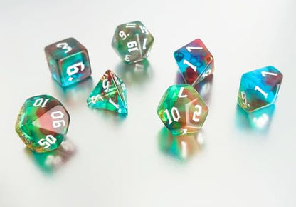 DND 주사위 7개 세트 클리어 그린 혼합 색상 (오로라) | D&D, CoC, RPG, 던전 앤 드래곤, MTG, 롤플레잉 게임 액세서리 - D20 시스템 게임용 아크릴 다면체 주사위 세트 - color: 블루 & 그린 오로라