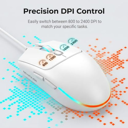 Wired Gaming Mouse RGB, 50g Lightweight Silent USB Mouse -White | 4 DPI Levels Up To 2400, Silent Clicks, Ergonomic Design, RGB Lighting, USB Plug & Play for PC Laptop Desktop Computer Mac
