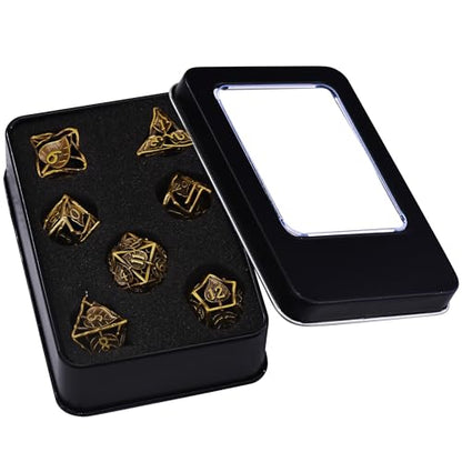 AUSTOR 7 Pieces DND Dice Set Leaf Metal Hollow Polyhedral Dice D20 D12 D10 D% D8 D6 D4 with Metal Box for Dungeons & Dragons RPG Board Games(Antique Gold) - color: Antique Gold