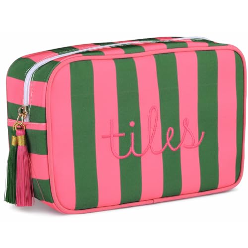 Sanwuta 1 Pcs Mahjong Tile Bag with Zipper,Rose, Green,Striped | Embroidered Mahjong Case for 166 American Mahjong Tiles (1.2") Portable Bags for Board Game Party Gathering Travel - color: Pink, Green, style: Classic