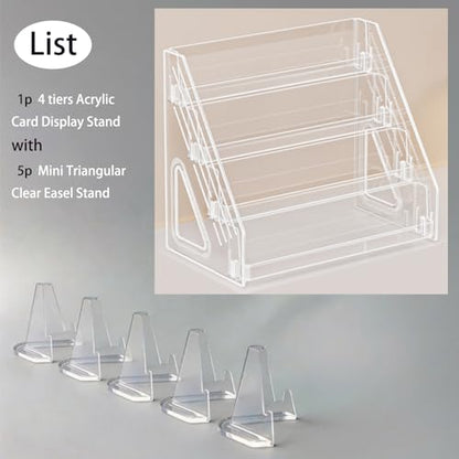4 Tier Clear Acrylic Trading Card Display Stand with 5 Pc Mini Easel Stand, Card Stand & Display Risers, Card Holder Display for TCG MTG PSA Sports Cards, Greeting Cards Stickers, Postcards, Badge