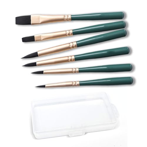 6-Piece Travel Watercolor Brush Set, Mini Kolinsky Sable Paint Brushes with Short Handles — Flat Round Detail Liner for Watercolor, Gouache, Oil, Acrylic Painting