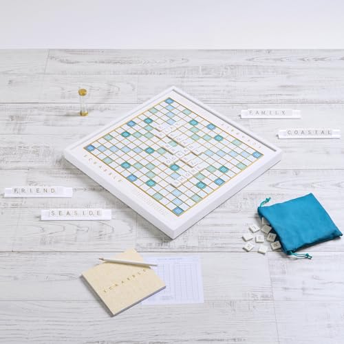 WS Game Company Scrabble Bianco Edition with Rotating Wooden Game Board | Coastal Aesthetic, Turntable, Raised Letter Tile Grid, Classic Word Game for 2-4 Players, Adults, Families and Kids Ages 8+