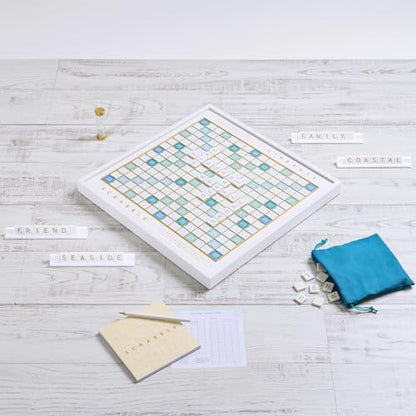 WS Game Company Scrabble Bianco Edition with Rotating Wooden Game Board | Coastal Aesthetic, Turntable, Raised Letter Tile Grid, Classic Word Game for 2-4 Players, Adults, Families and Kids Ages 8+