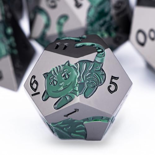 Metal DND Cat Dice 7PCS Polyhedral RPG Dice Set with Gift Case for Dungeons Dragons Role Playing Game, D and D Dice D6 D8 D10 D12 D20 D% (Grey Green) - color: Cat-grey Green