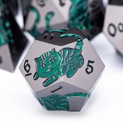 Metal DND Cat Dice 7PCS Polyhedral RPG Dice Set with Gift Case for Dungeons Dragons Role Playing Game, D and D Dice D6 D8 D10 D12 D20 D% (Grey Green) - color: Cat-grey Green