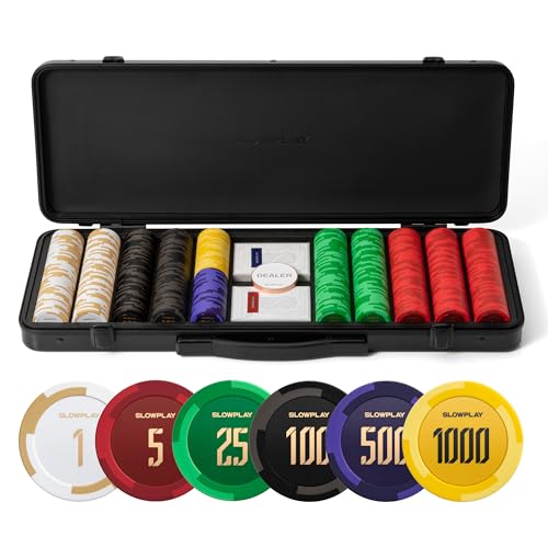 SLOWPLAY Godel Clay Poker Set, 14g&40mm Poker Chips for Texas Hold'em | 500 pcs Numbered Set; premium PC Shell case with mirror effect; clay composite poker chips; modern minimalist design - color: 500 Chips With Numbered Values