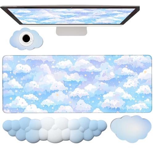 Blue Cloud Mouse Pad and Keyboard Wrist Rest 4PCS Extended Large Stars Desk Mat Pad Set Memory Foam Non-Slip Ergonomic Cute Gaming Mouse Pad Wrist Support for Computer Laptop Home Office - color: 4pcs Blue Cloud