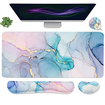 Large Mouse Pad Desk Dad, 4-in-1 Keyboard Wrist Rest Pad & Wrist Support Mouse pad Set, Extended Desk Pad Waterproof Desk Mat for Home Office Study Game-Blue Marble - color: Blue