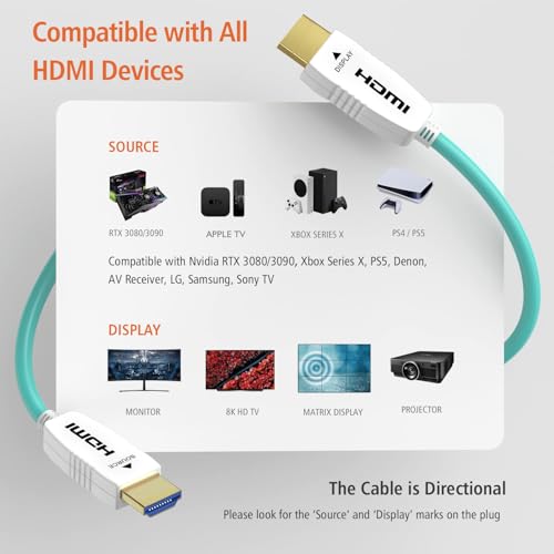 8K Fiber Optic HDMI 2.1 Cable, 48Gbps, 8K60, 4K120, HDR, eARC, 165FT | Fiber Optic Technology Reduces EMI and Signal Loss vs Copper Cables for Stable 4K@120Hz Gaming and Long-Distance 8K Video - color: A-8K Fiber Gen3/C, size: 165FT