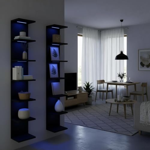 7 Tier RGB Light Wall Shelves, Black | Lack Wall Shelf Unit, Vertical Shelf with Remonte Control,Black Shelves - color: Rgb-black