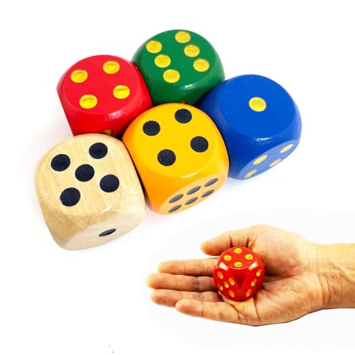 SmartDealsPro Set of 5 Random Color Large 1 1/5" Round Edge Wooden Dice (5 Colors with dots) - color: 5 Colors 5 Pieces