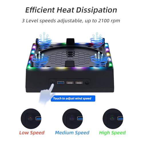 Mcbazel Wall Mount with Cooling Fan for Xbox Series X, Xbox Series X 4 in 1 Wall Mount Kit, 3-Speed Low Noise Fan with RGB Light & 3 USB Ports, Controller & Headset Holder - Black