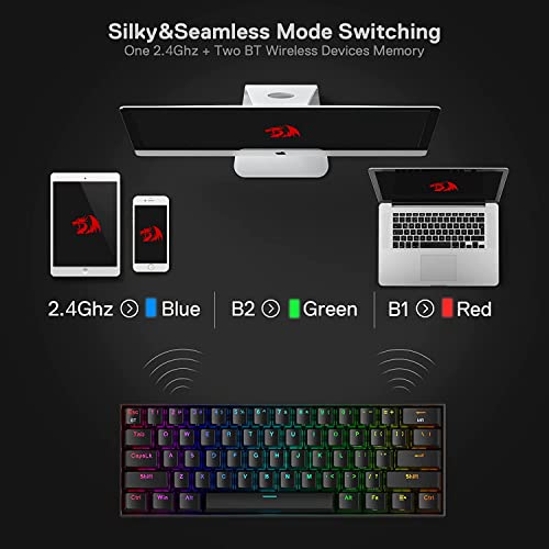 Redragon K530 Pro Draconic 60% Wireless RGB Mechanical Keyboard, BT/2.4Ghz/Wired 3-Mode 61 Keys Compact Gaming Keyboard w/Hot-Swap Socket, Free-Mod Plate Mounted PCB & Linear Red Switch - color: Black, size: Red Switch