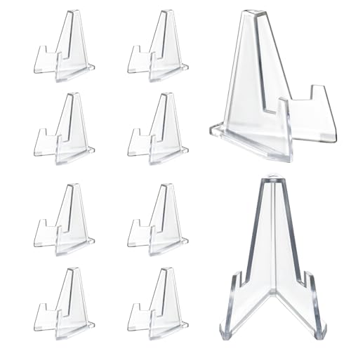 HillSpring 10 Pack 2.2 Inch Clear Small Easel Stand, Acrylic Tabletop Mini Stand, Display Holder for Sports Cards, Challenge Coin, Graded Cards, Name Card, Photo, Sign, Medal, Crystals, Plates
