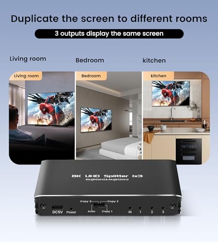 avedio Links HDMI 2.1 Splitter 8K@60Hz 1 in 3 Out 4K@120Hz, 1×3 HDMI Splitter for Multiple Monitors(Only Copy Input Screen), Hdmi Splitters for Gaming Support 48Gbps, HDCP 2.3, RGB 4:4:4