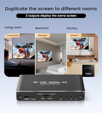 avedio Links HDMI 2.1 Splitter 8K@60Hz 1 in 3 Out 4K@120Hz, 1×3 HDMI Splitter for Multiple Monitors(Only Copy Input Screen), Hdmi Splitters for Gaming Support 48Gbps, HDCP 2.3, RGB 4:4:4