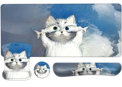 MEGREZ 4-in-1 Mouse Pad with Wrist Rest Ergonomic Memory Foam Desk Mat Set | ergonomic, anti-slip base, 4pcs set, desk pad, mouse wrist rest, keyboard rest, coaster, ideal for office & gaming - color: Cat