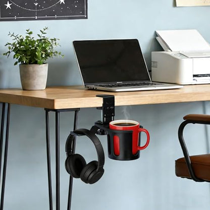 MYITYARD Desk Cup Holder Clamp, 2 in 1 Anti-Spill Clip On Table Cup Holder with Headphone Hanger, Rotatable Water Bottle Stand Drink Coffee Mug Storage, Office Accessories for Home and School - color: Black-1 with Headphone Hanger