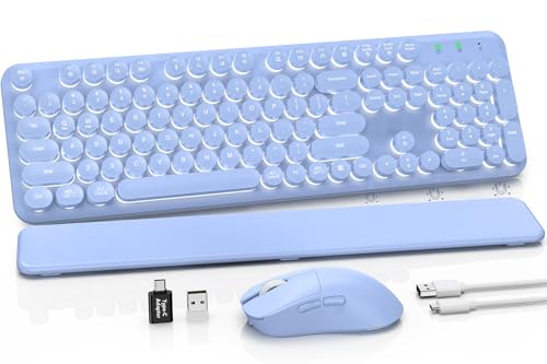 Wireless Keyboard and Mouse Combo, Backlit Round Keycaps, Retro Typewriter Keyboard with Detachable Wrist Rest, Rechargeable & Tilt Legs, 2.4GHz Cordless Connection for Windows/PC (Glowing Purple) | Rechargeable & Tilt Legs, Full-Size Typewriter-Style, Au