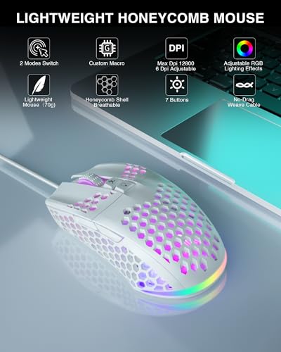 SOLAKAKA SM900 Gaming Mouse Wired with RGB,Adjustable 12800 DPI Wired Gaming Mouse with Side Buttons,Computer Mouse for Laptop/PC,White - color: white
