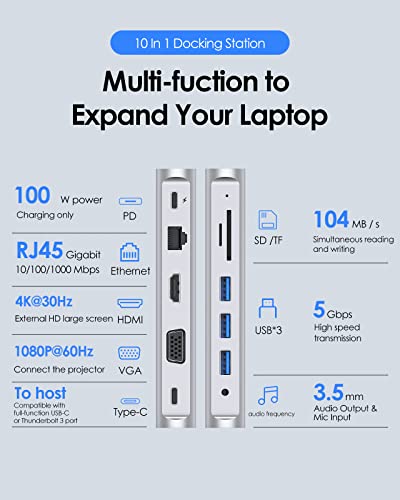 LENTION Docking Staion Dual Monitor 4K HDMI & 1080P VGA, Ethernet, USB 3.0 | 3.3ft Detachable Cable, 100W PD, Card Readers, 3.5mm Audio, Vertical Design, Compatible with macOS, Windows & ChromeOS (D55) - color: Silver