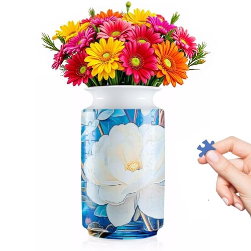 3D Puzzle Vase for Adults, 162-Piece DIY Flower Vase Puzzle | Curved plastic DIY craft kit, unique flower vase for flower arrangements, housewarming gifts and home decor - color: White Blossom