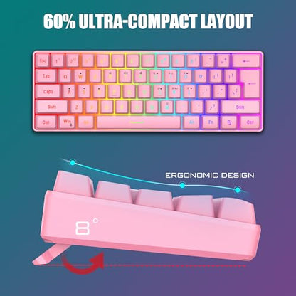 RedThunder 60% Gaming Keyboard and Mouse Combo, Ultra-Compact 61 Keys RGB Backlit Mini Keyboard, Lightweight 7200 DPI Honeycomb Optical Mouse, RGB Wired Gaming Set for PC MAC PS5 Xbox Gamer(Pink) - style: 01 Pink Wired Combo